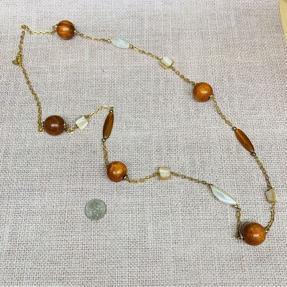 Cookie Lee Wood and Shell Bead Gold Station Necklace - Picture 1 of 3